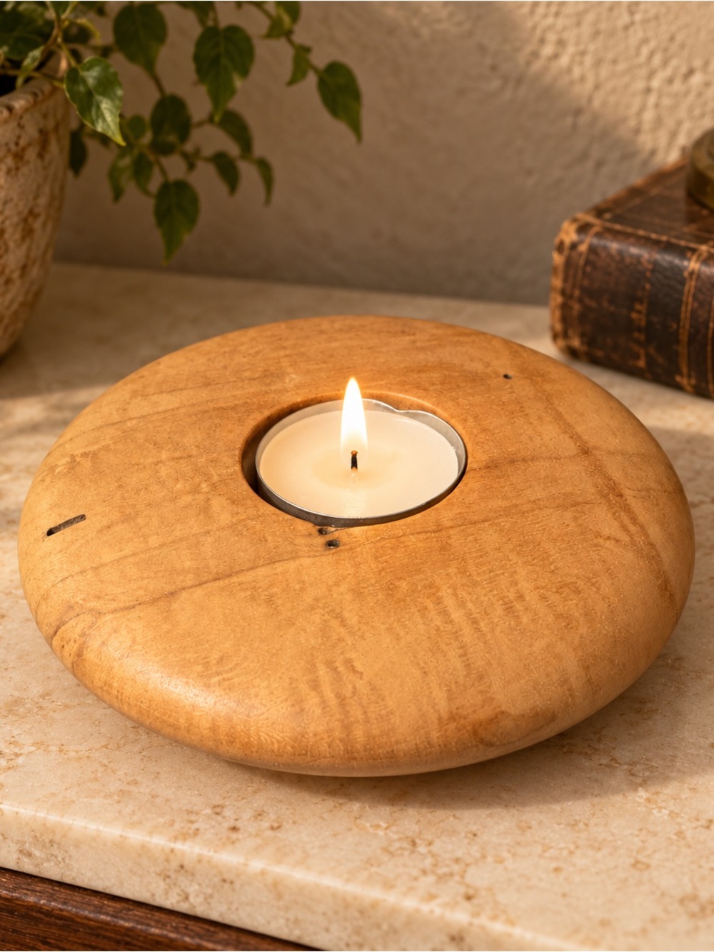 Wooden Round Tealight Holder - Natural Brown